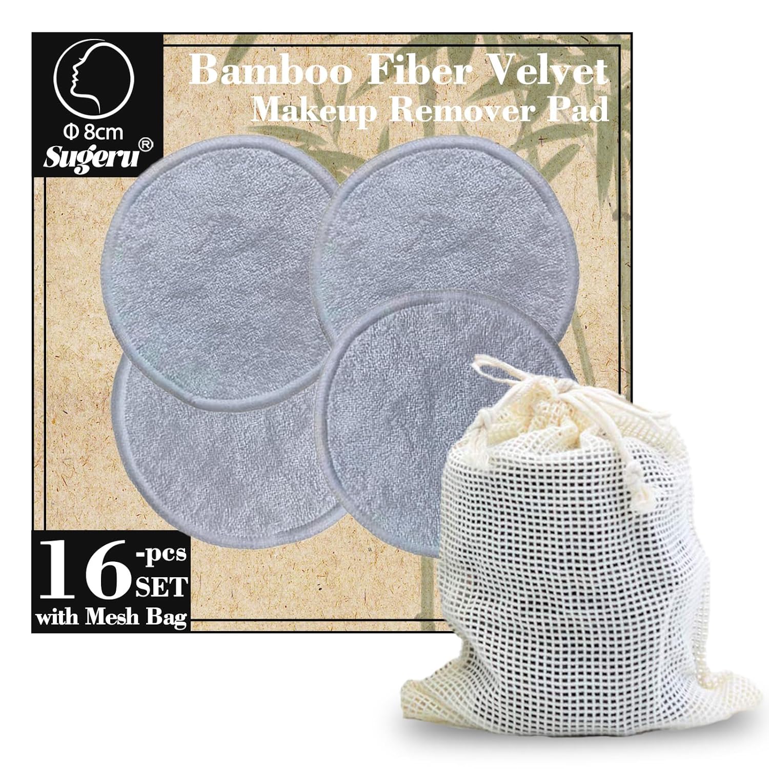Sugeru® 16 pieces make-up pads made of bamboo fiber, reusable, washable with laundry bag, reusable cotton pads, make-up wipes for most skin types, make-up remover pads, skin-friendly, soft (grey)