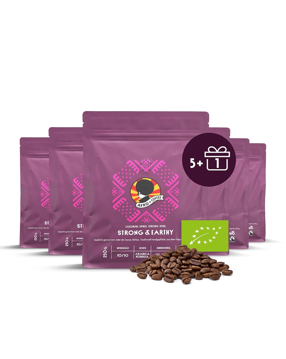 AFRO COFFEE Strong & Earthy I 5+1 Offer 250 g Premium Organic Coffee Beans Fairtrade I Arabica & Robusta Beans I Bean Coffee from East Africa with Nutty Note I Hand Picked, Dark Roasted, Low Acid
