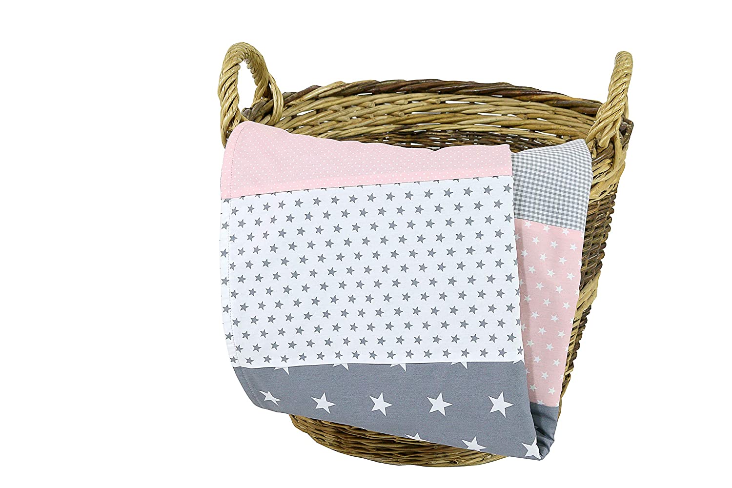 ULLENBOOM® Baby Blanket made of ÖkoTex Cotton and Fleece, Ideal as a Pram Blanket or Play Blanket, 70 x 100 cm & 100 x 140 cm and Made in the EU, Design: Stars, Dots, Patchwork 70 x 100 cm Pink Grey