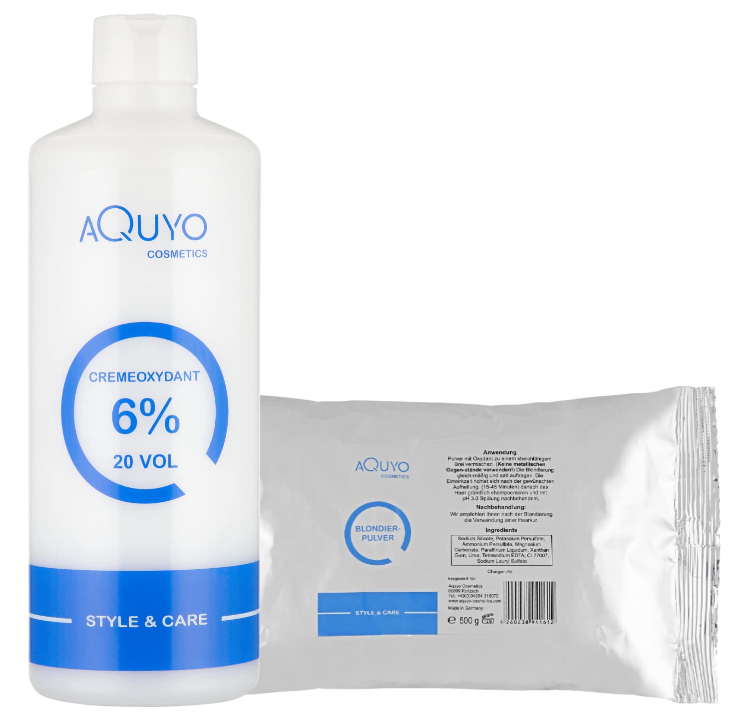 AQUYO Style & Care Bleaching Powder 500 g + Cream Oxydant Developer 6% (500 ml) for Bleaching or Brightening Hair | Set Bleaching Powder and Hydrogen Peroxide H2O2, ‎white blue