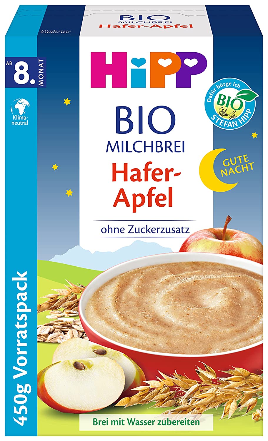 HiPP Bio-Milchbreie ohne Zuckerzusatz, Gute-Nacht-Brei Hafer Apfel, Vorratspackung (4x450g)
