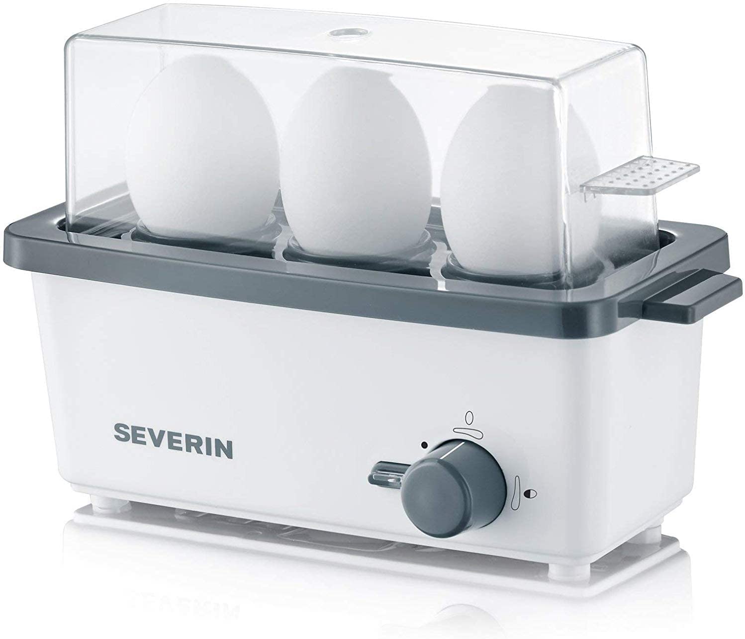 SEVERIN EK 3163 Egg Cooker for 3 Eggs with Electronic Cooking Time Monitoring, Includes Measuring Cup with Egg Piercer, Egg Cooker for Ideal Hardness Level, Brushed Stainless Steel/Black, 300 W