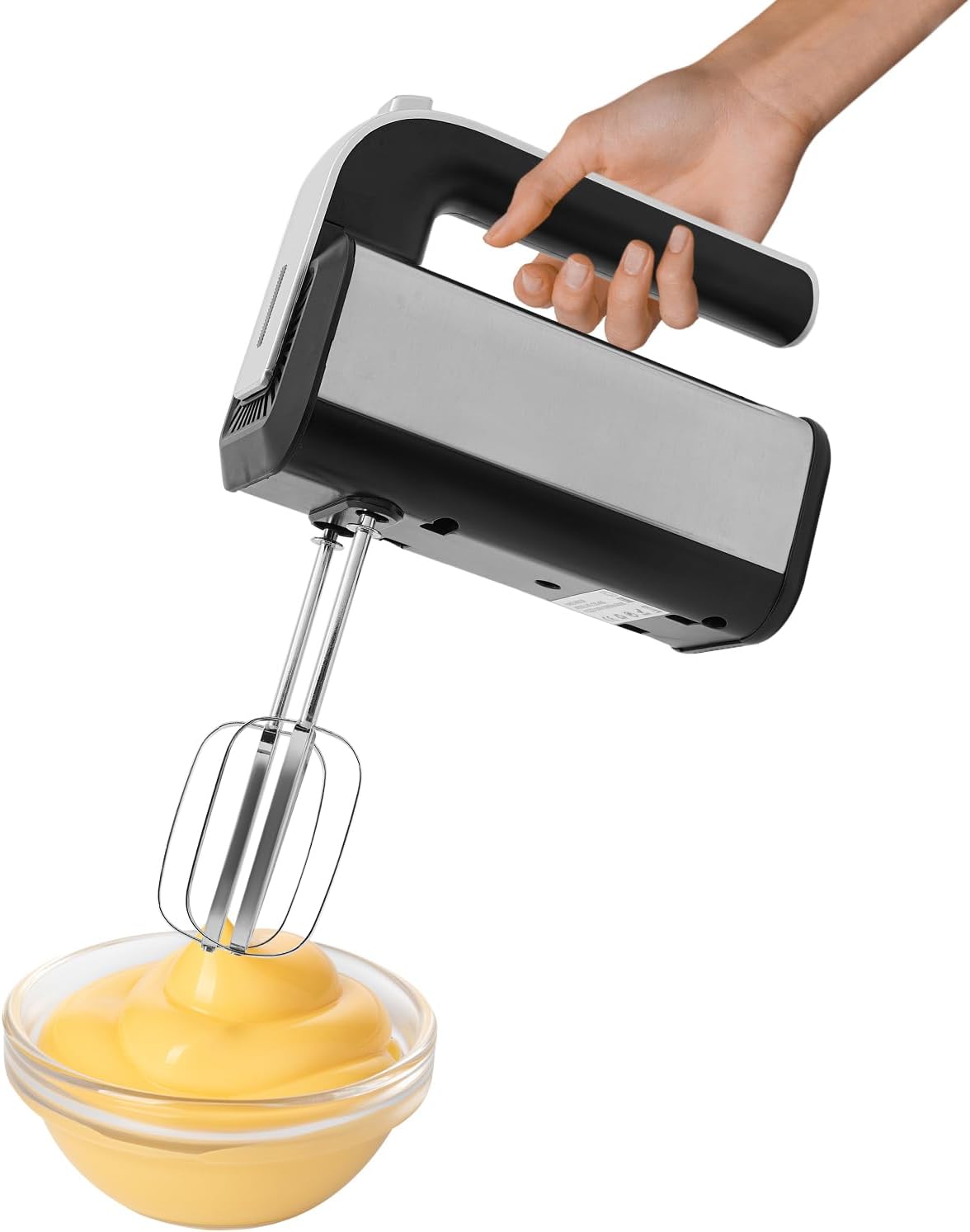 Electric Hand Mixer, 800 W Stainless Steel Hand Stirrer with 5 Speeds, Hand Mixer with Exit Button Including 2 Whisks and 2 Dough Hooks, Ergonomic Handle for Eggs, Dough, Cakes