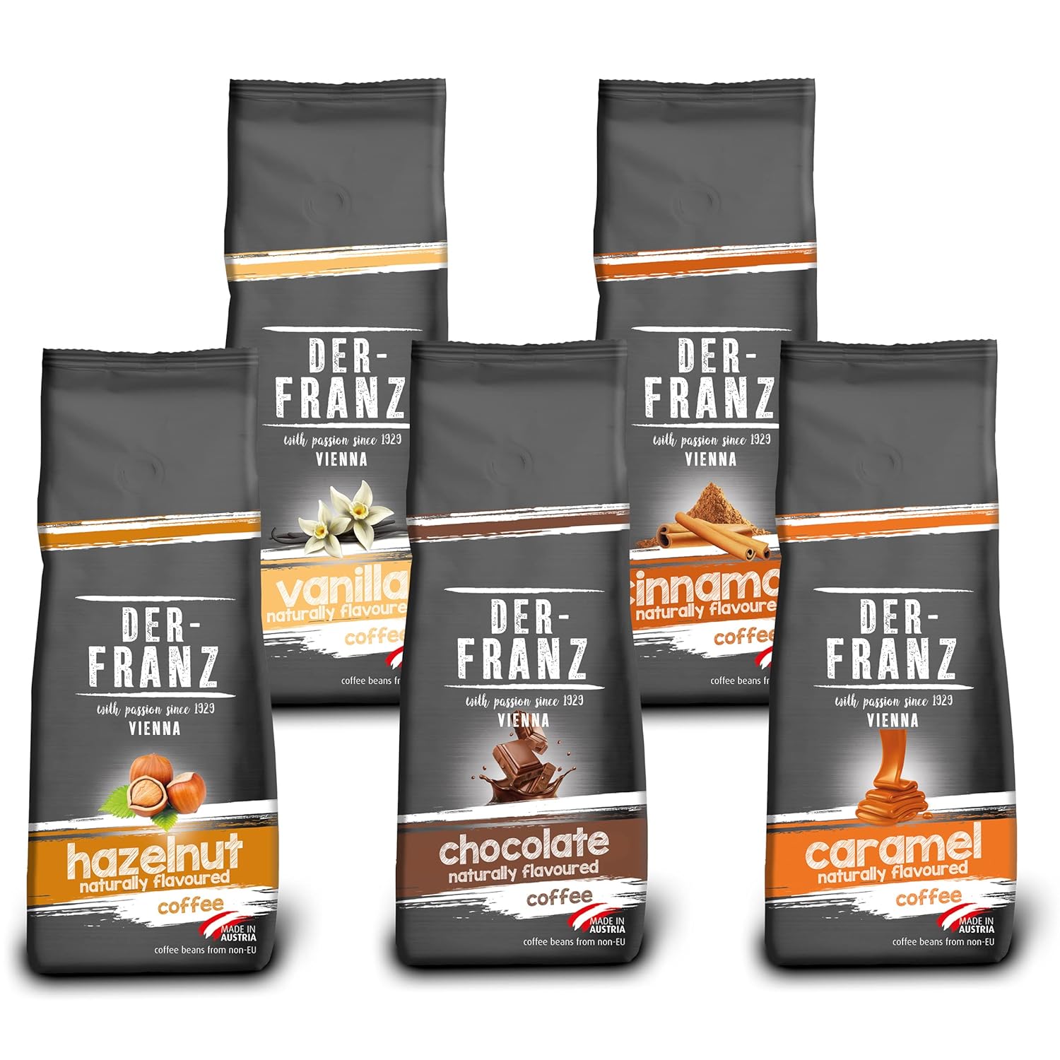 Der-Franz Coffee Pack, Whole Bean, Flavored, 5 x 500 g (1 x Hazelnut, 1 x Vanilla, 1 x Chocolate, 1 x Cinnamon, 1 x Caramel)