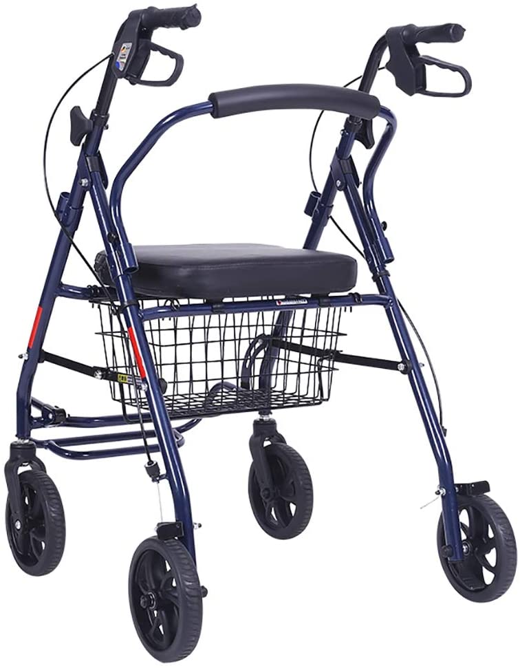 FKDERollator Foldable Walking Motion Aid Walker Walker Walker Shopping Cart Walking Cat Seat Handbrake for Older (Blue)