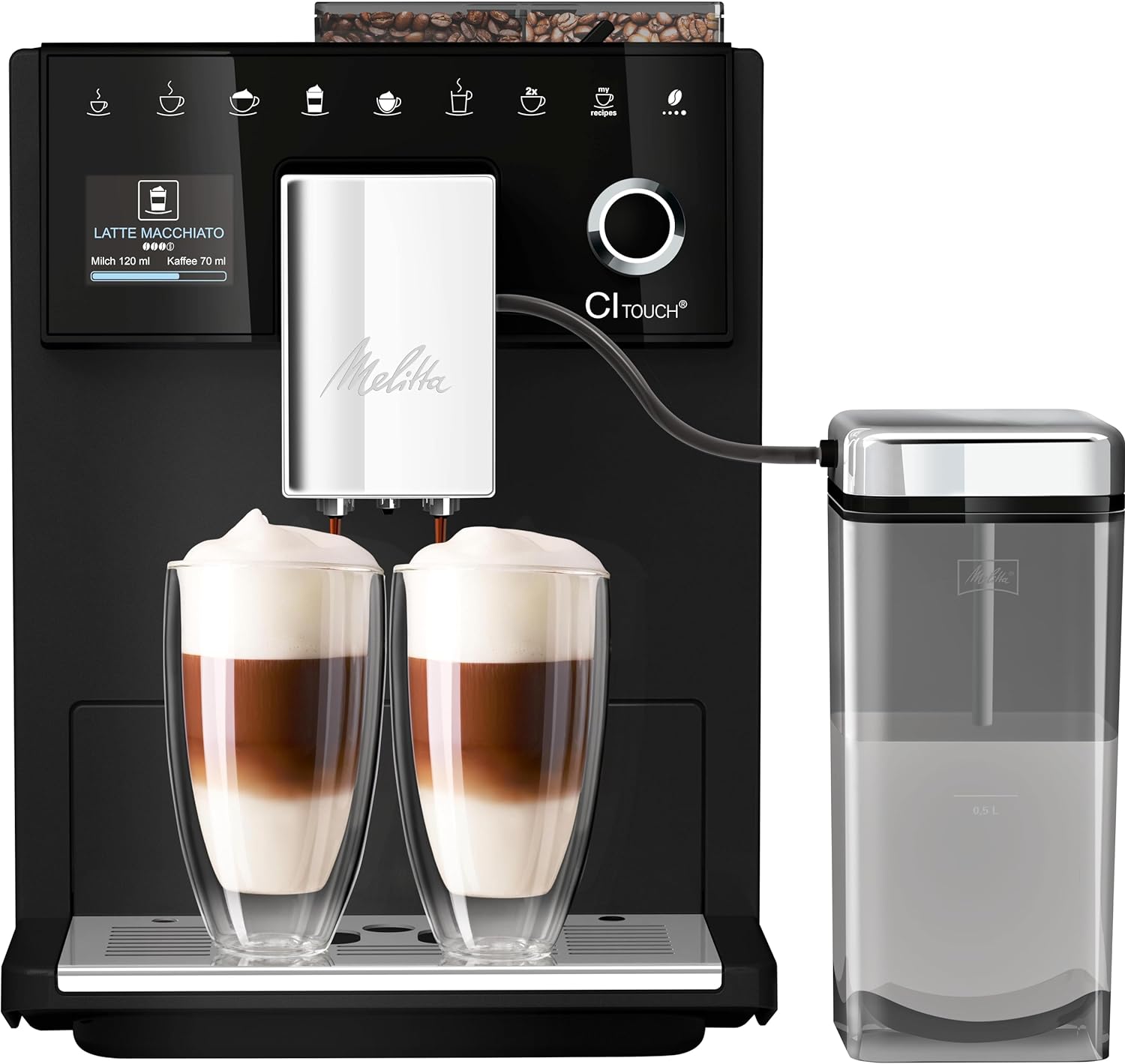 Melitta Ci Touch - Fully Automatic Coffee Machine - With Milk System - Two -Chamber Bean Container - One Touch Display - 4 -Level Adjustable Coffee Strength - Frosted Black (F630-112)