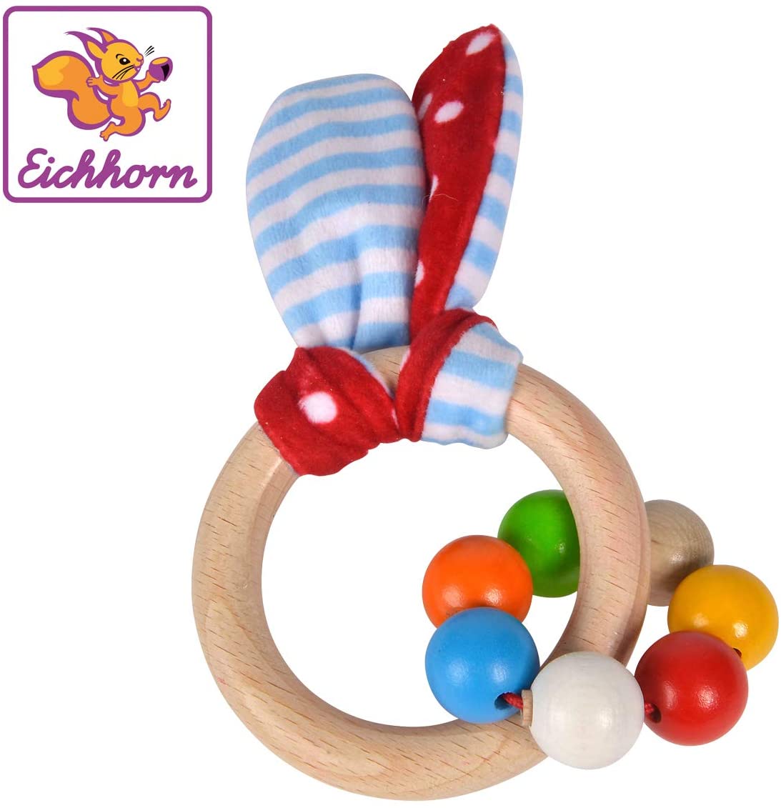 Eichhorn 100017030 Baby Grasping Toy with Ears, Rabbit Design with Crinkle Plush Ears, 7 Beads, FSC 100% Certified Beech Wood