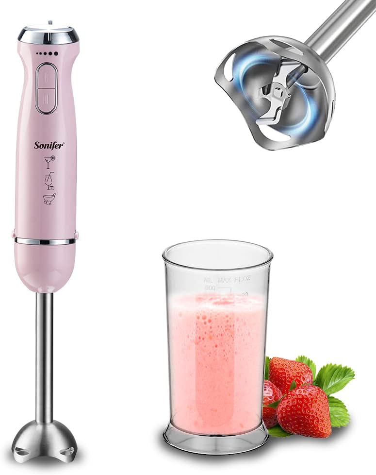Electric Hand Blender, Stepless Speed, Stainless Steel, Two Pieces, Turbo Button, One-Touch Separation, 1000 W, Assorted Colours, White|Green|Pink (Pink)
