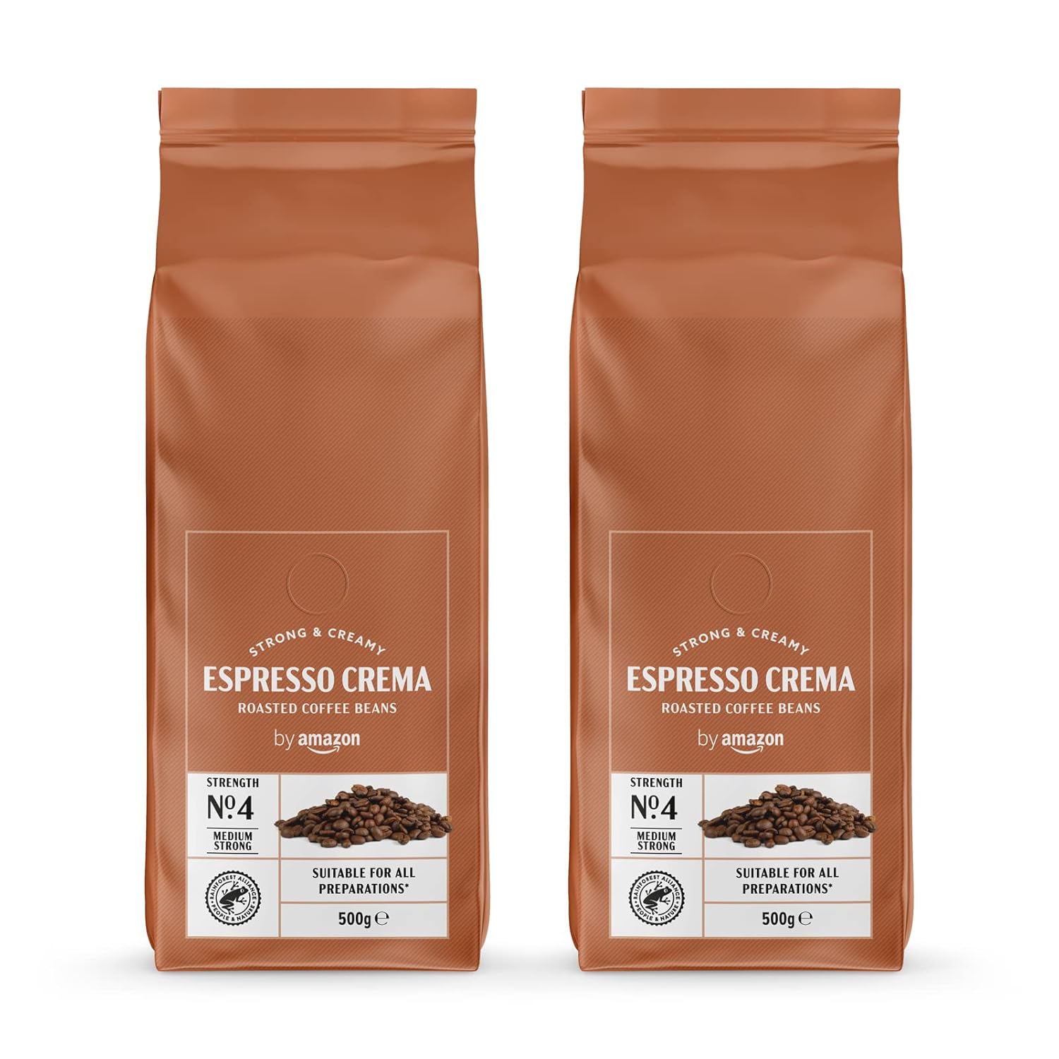 by Amazon Espresso Crema Roasted Coffee Whole Beans, 1 kg (2 Packs of 500 g), Rainforest Alliance Certification