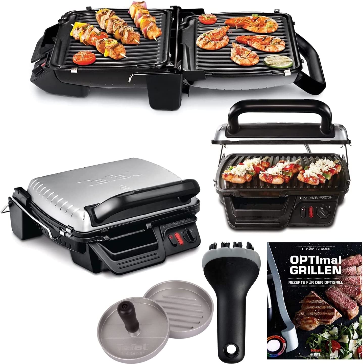 Tefal 3-in-1 Electric Contact Grill, Overbaking Function and Table Grill/BBQ Hinged with Double Grill Surface + Hamburger Press + Good Grips Grill Brush + Recipe Booklet, Non-Stick Grill Plates 2000 W