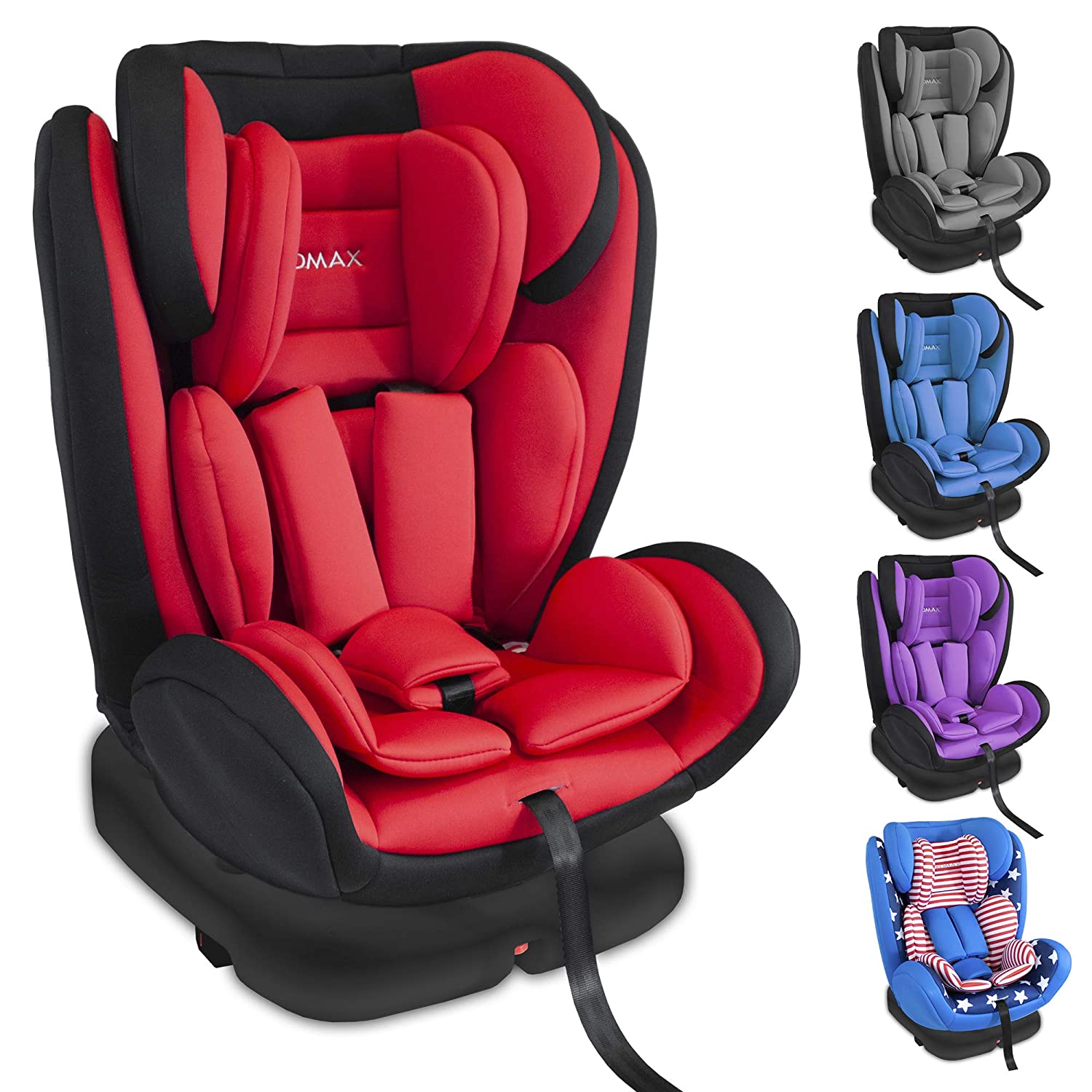 XOMAX KI360 Child Seat Rotatable 360° with Isofix and Reclining Function I grows I 0-36 kg 0-12 Years Group 0/1/2/3 I 5-Point Harness and 3-Point Harness Removable Cover Washable I ECE R44/04 red