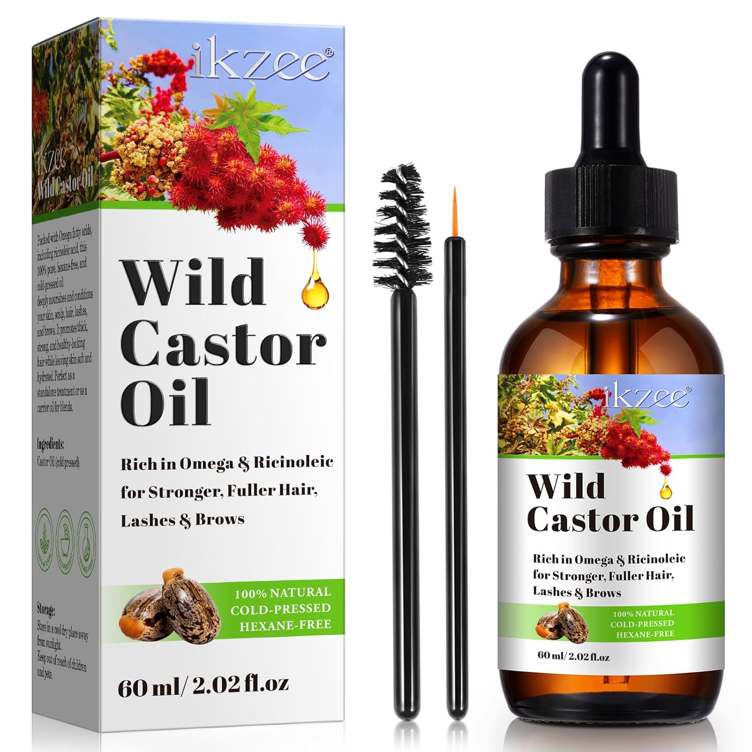 Castor Oil Cold Pressed - 100% Pure Black Castor Oil, Castor Oil Hair Rich in Omega and Ricinoleic Acid, 60 ml Organic Castor Oil Cold Pressed, Castor Oil for Stronger, Fuller Hair, Eyelashes and
