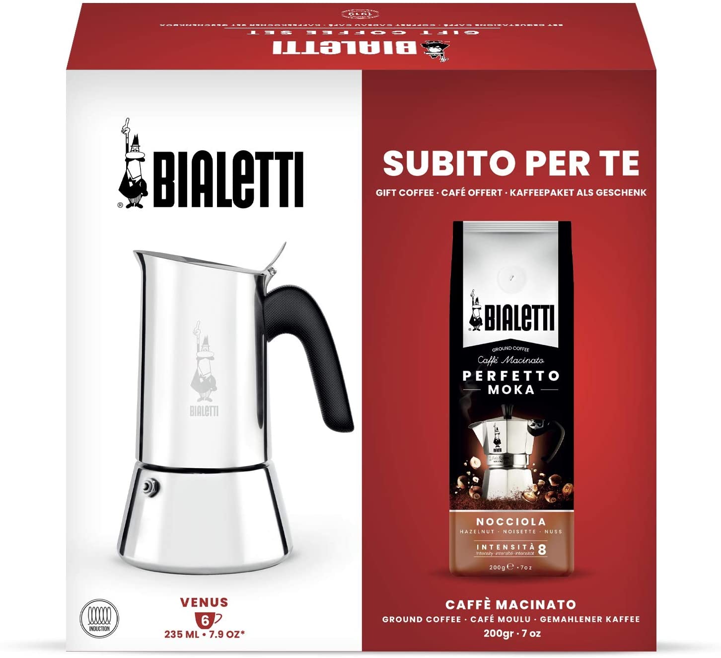 Bialetti Bialett i Venus Stove Jug 6 Cups + 200 g Nocciola Coffee Ground