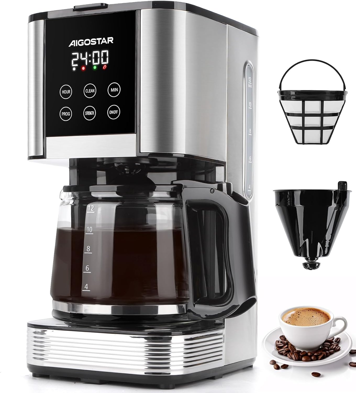 Aigostar Cora - Filter Coffee Machine, Programmable 24 Hours, 1.5 L, LCD Display, 14 Cups Coffee Machine, Stainless Steel, 1000 W, Intensity Adjustment, Drip Stop, AutoClean, Keep Warm Function, Black