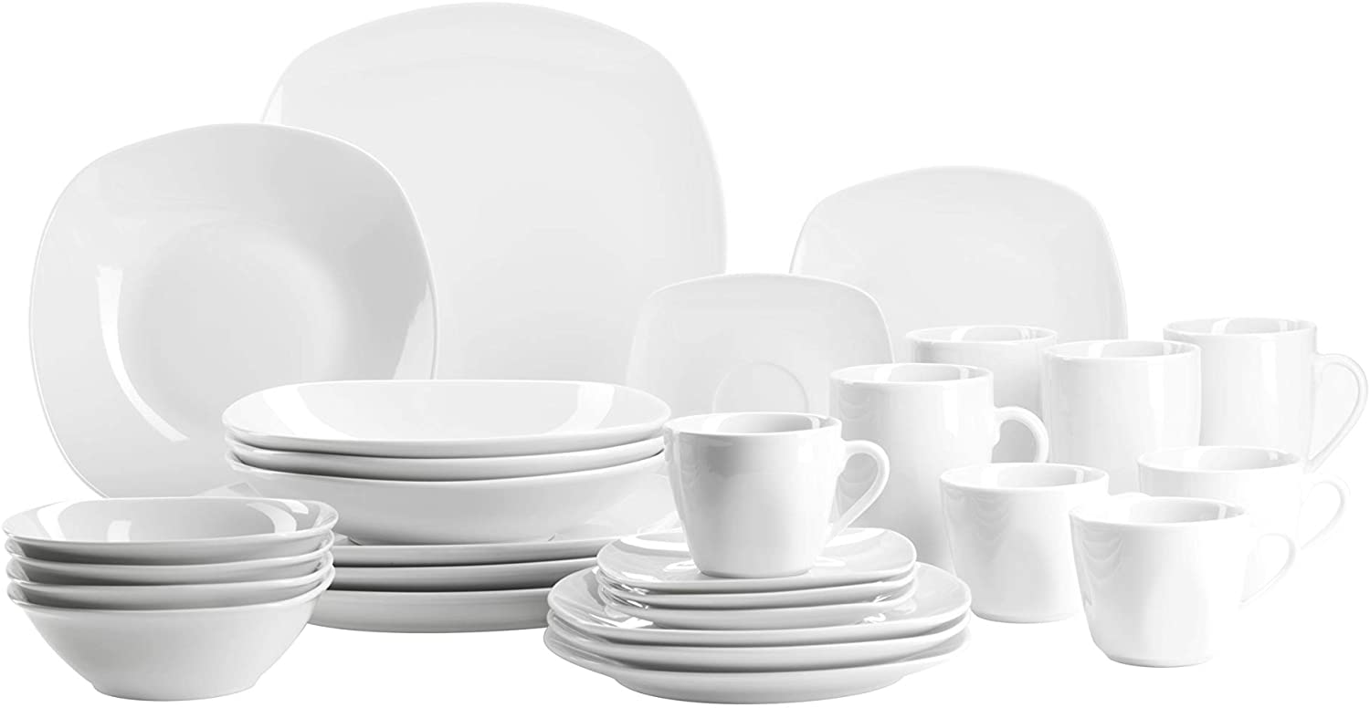 Mäser Cosmo Domestic Crockery Set in 28 Pieces / 4 Coffee Cups / 4 Saucers / 4 Straight-Sided Coffee Mugs / 4 Dessert Plates / 4 Shallow Plates / 4 Soup Plates / Muesli Bowls / White / Everyday Use