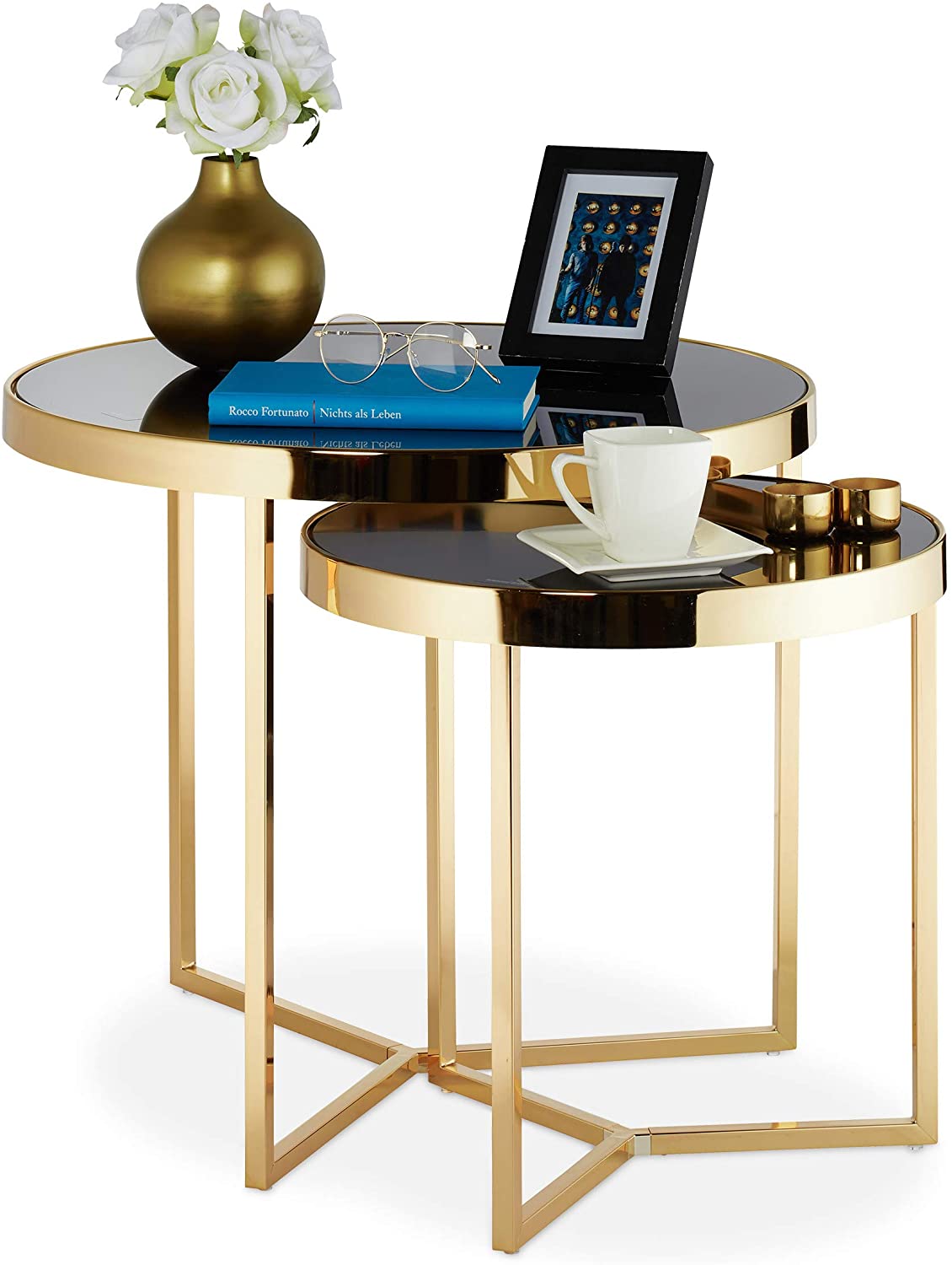 Relaxdays Beistelltisch 2Er Set, Runde Tischplatte, Glas & Stahl, Sofatisch