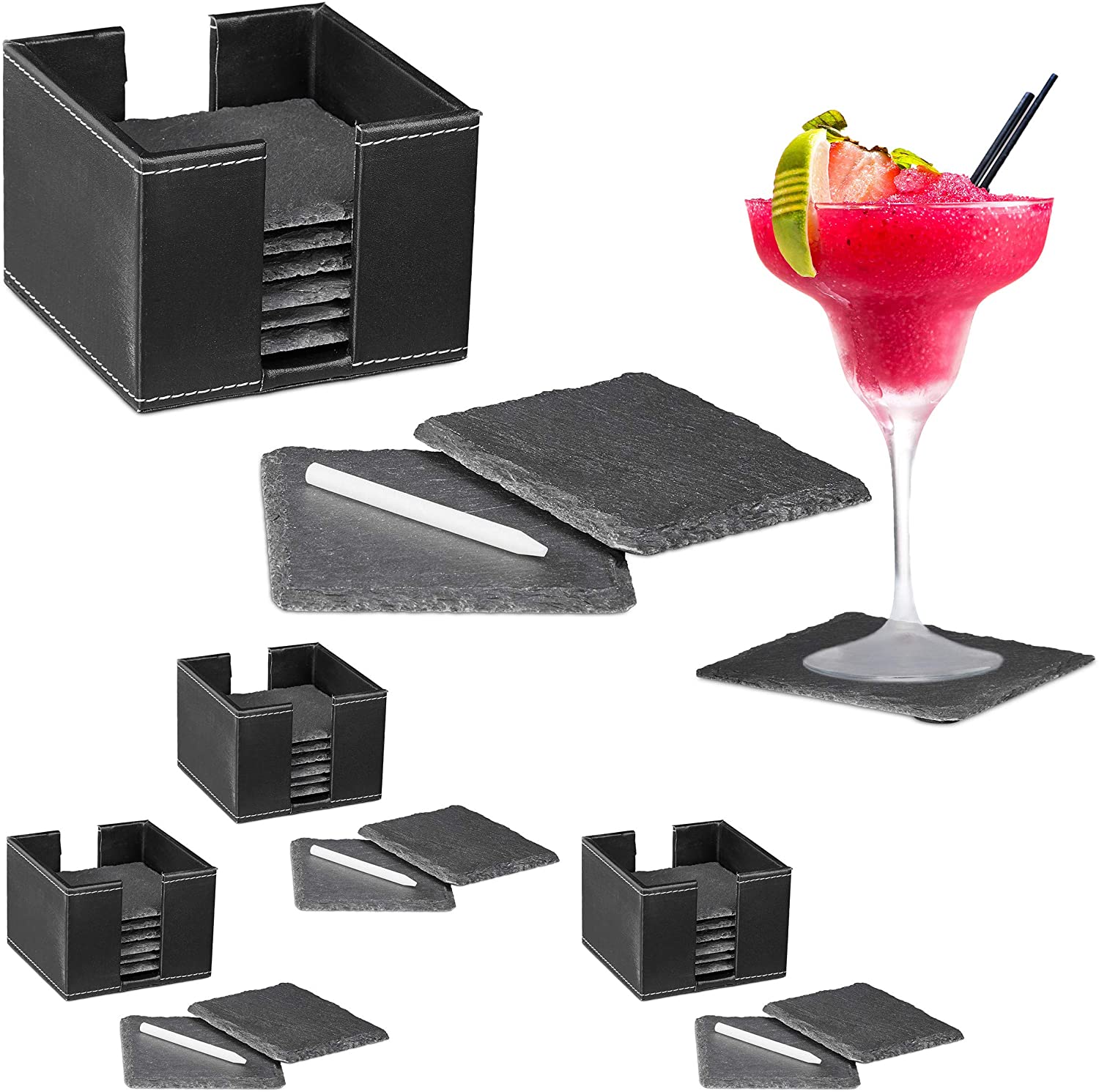 32 x Slate Coasters in a Set, Glass Coasters with 4 x Box, Chalk for Labelling, Square, 10 x 10 cm, Black