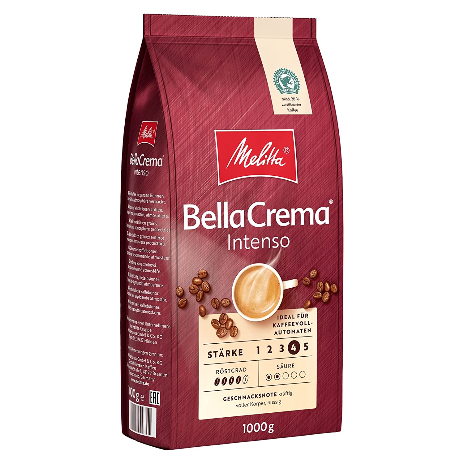 Melitta BellaCrema Intenso Ganze Kaffee-Bohnen 1kg, ungemahlen, Kaffeebohnen für Kaffee-Vollautomat, kräftige Röstung, geröstet in Deutschland, Stärke 4