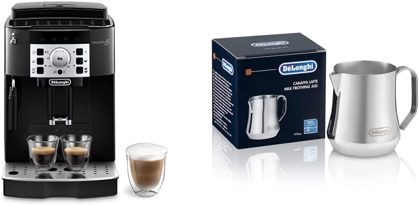 DeLonghi De\'Longhi Magnifica S ECAM 22.110.B Fully Automatic Coffee Machine with Milk Frothing Nozzle, 2-Cup Function, 1.8 Litre Water Tank, Black/Silver & Milk Jug DLSC060, 350 ml, Stainless Steel