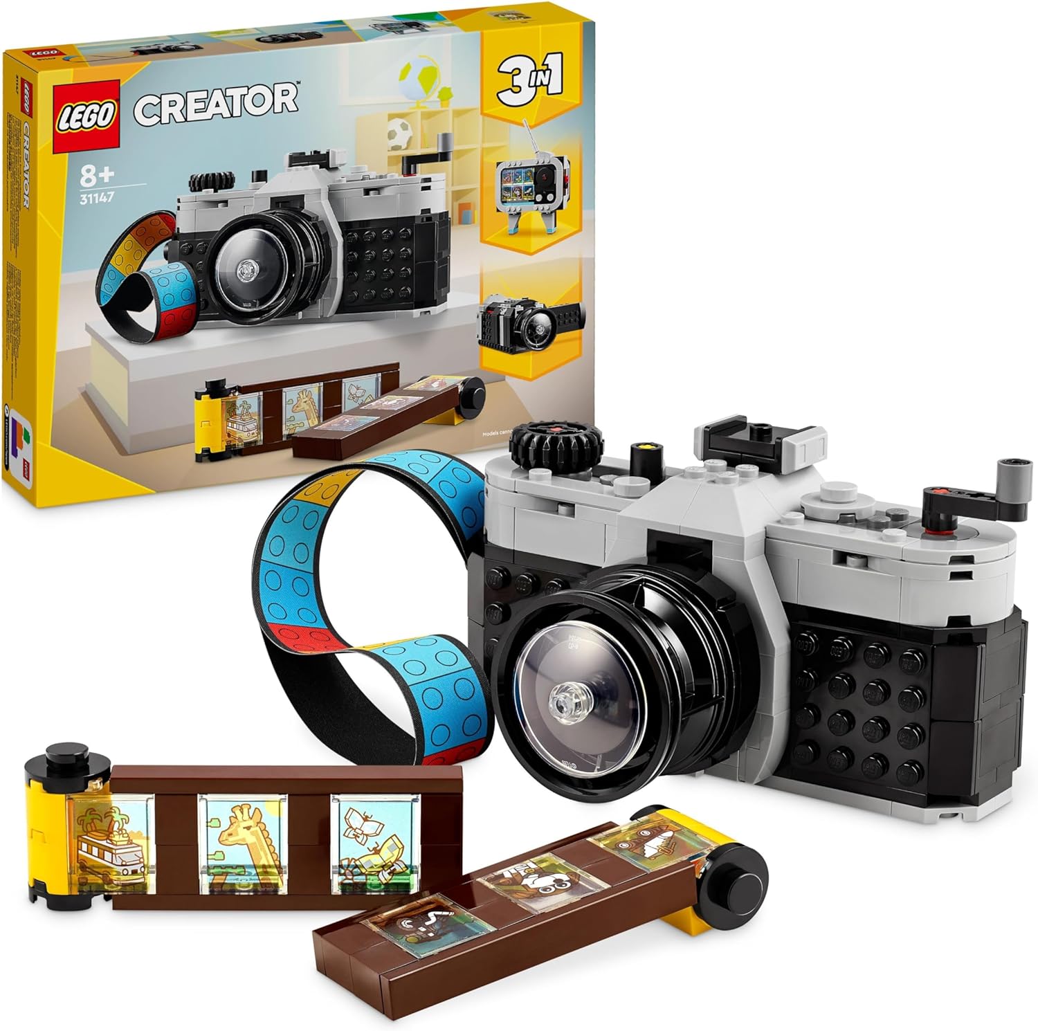 LEGO Creator 31147 3-in-1 Retro Camera Toy with 3 Models for Girls and Boys, Office and Room Decoration, Build in TV or Video Camera, Gift for Small Photographers from 8 Years