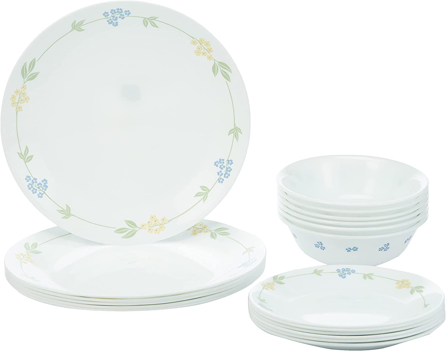 Corelle 18-Piece Vitrelle Glass Secret Garden Chip and Break Resistant Dinner Set, Service for 6, Blue/ Green/ Yellow