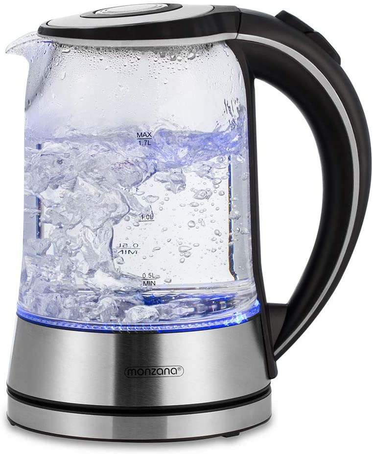 Monzana Kettle Glass 1.7 L LED Lighting Wireless BPA Free Tea Maker 2200 W Limescale Filter Overheating Protection Stainless Steel