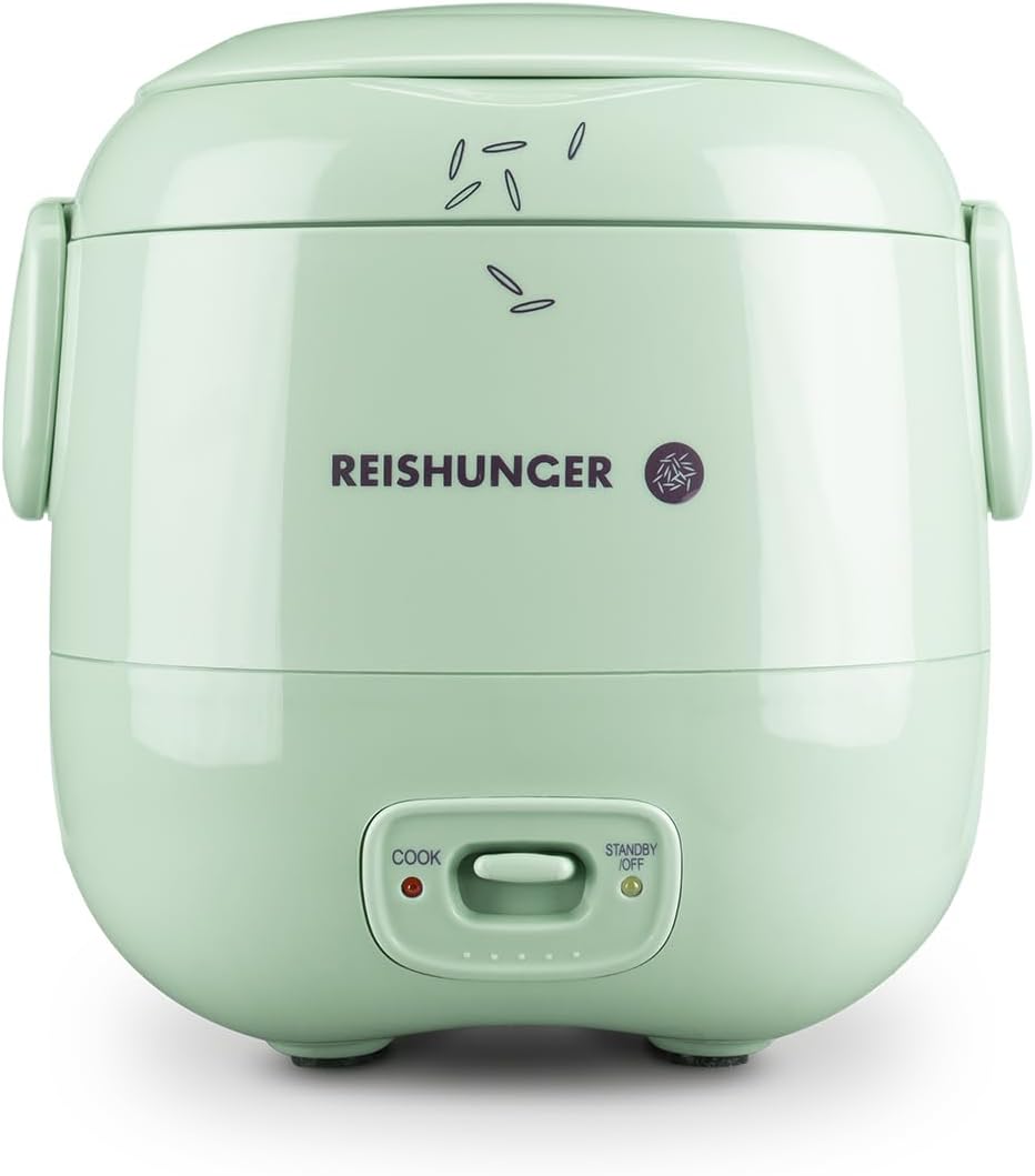 REISHUNGER Mini Rice Cooker, Sage Green, 0.3 L, 1-2 Servings, High-Quality Ceramic Coating, Premium Pot, Handy Size for Small Households and on the Go