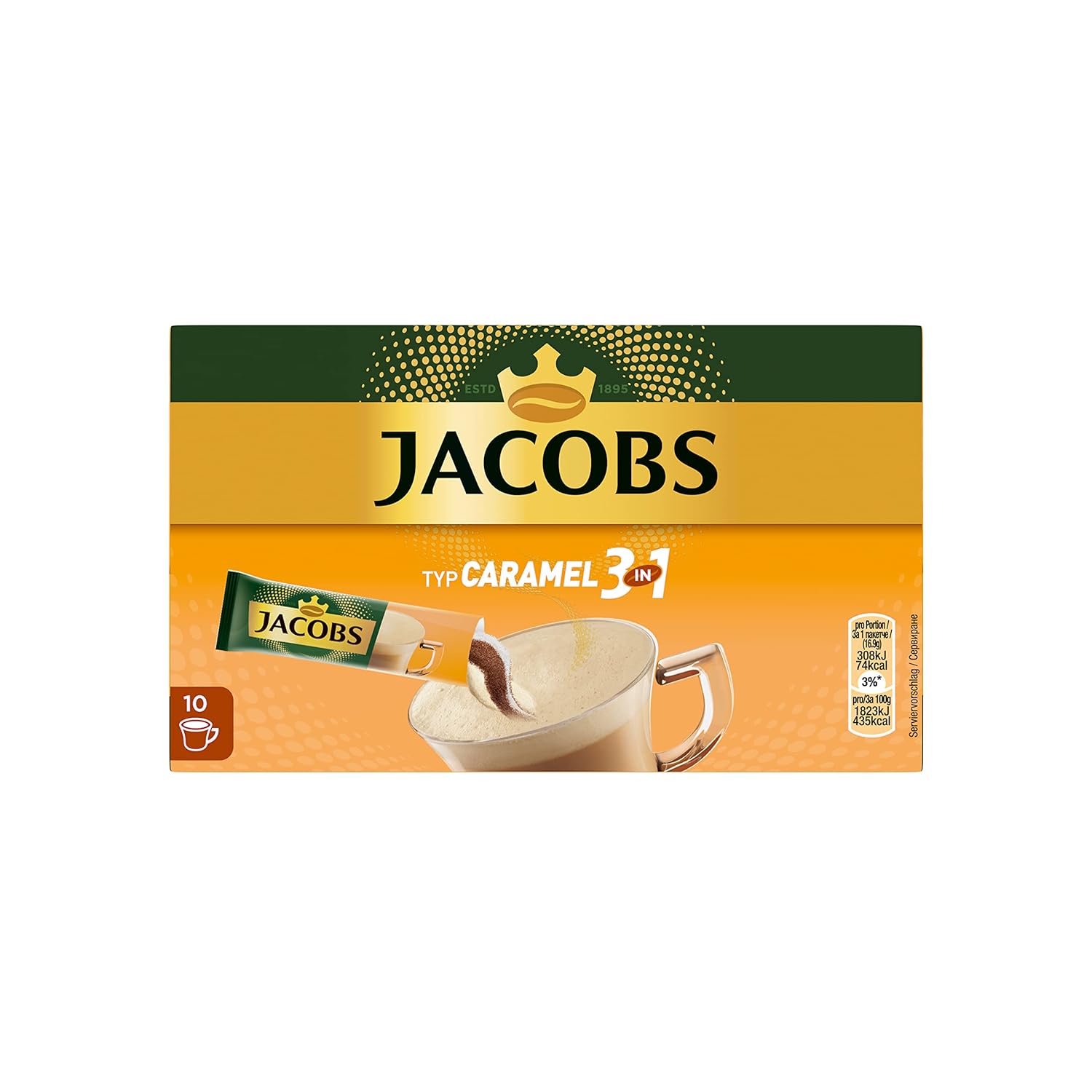 Jacobs coffee specialties 3 in 1 caramel, 10 sticks with instant coffee for 10 drinks | 10 × 16.9g | 10 pieces (1er pack)