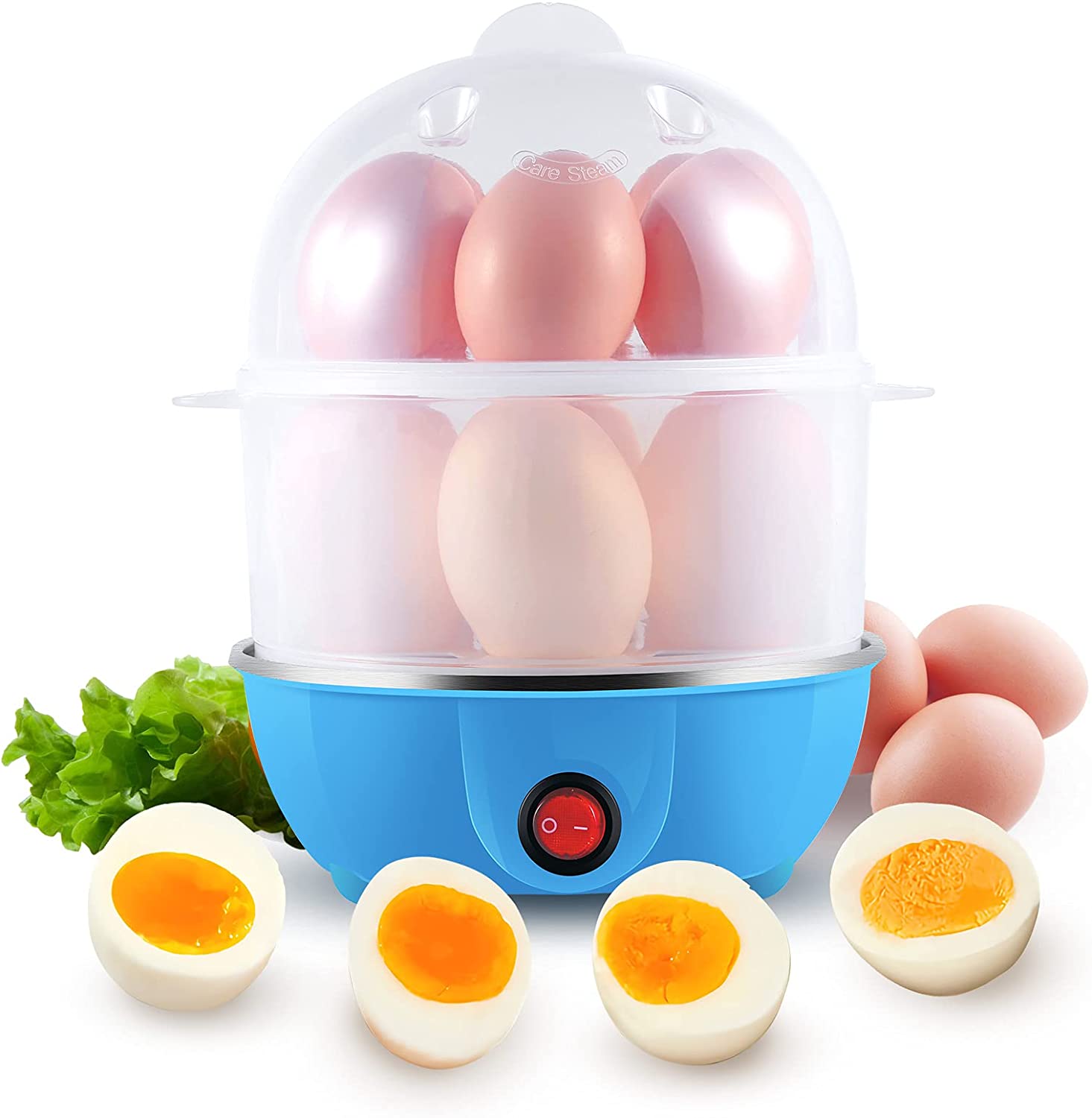 Uten Electric egg cooker test winner, 350 W egg head for 12 eggs, double egg cooker with egg cup, with stainless steel shell, BPA-free, heating protection, with indicator light [energy class A+]