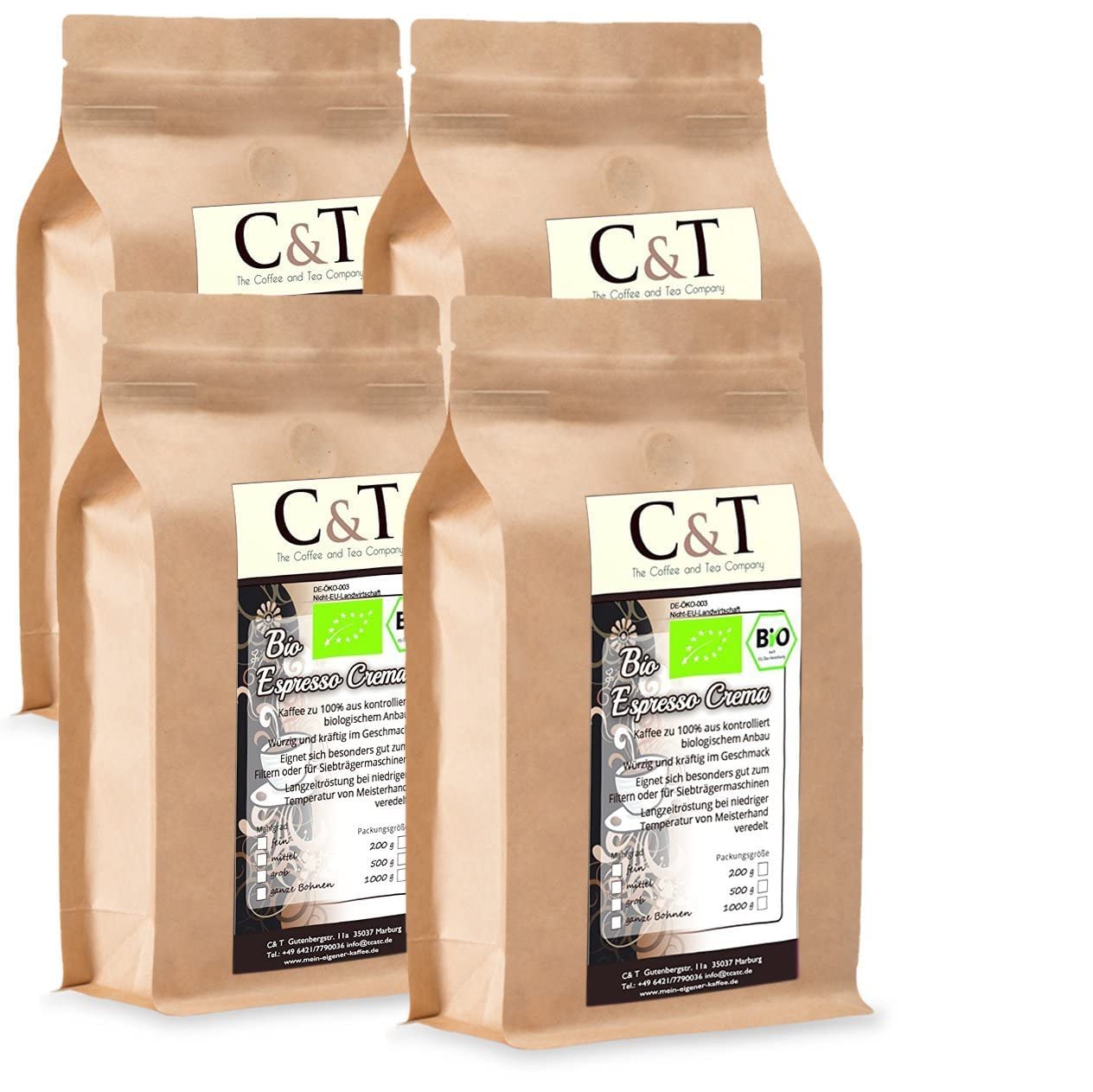 C&T Bio Espresso Crema Cafe 4 x 1000 G Ground Gastro Economy Pack in Paper Bag Coffee for Portatilter, Fully Automatic Machines, Espresso Maker