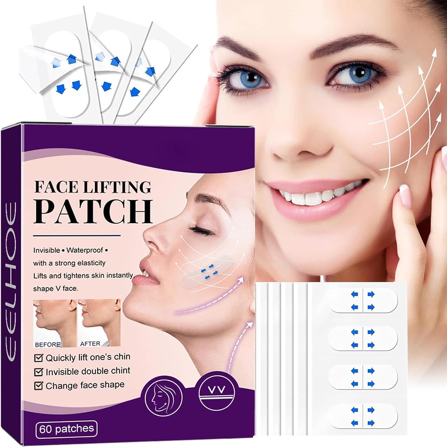 Lift Face Stickers, Pack of 60 Face Lifting Tape, Facelift Stickers, Invisible Thin Face Stickers, Makeup Facelifting Tools for Face to Firm the Skin