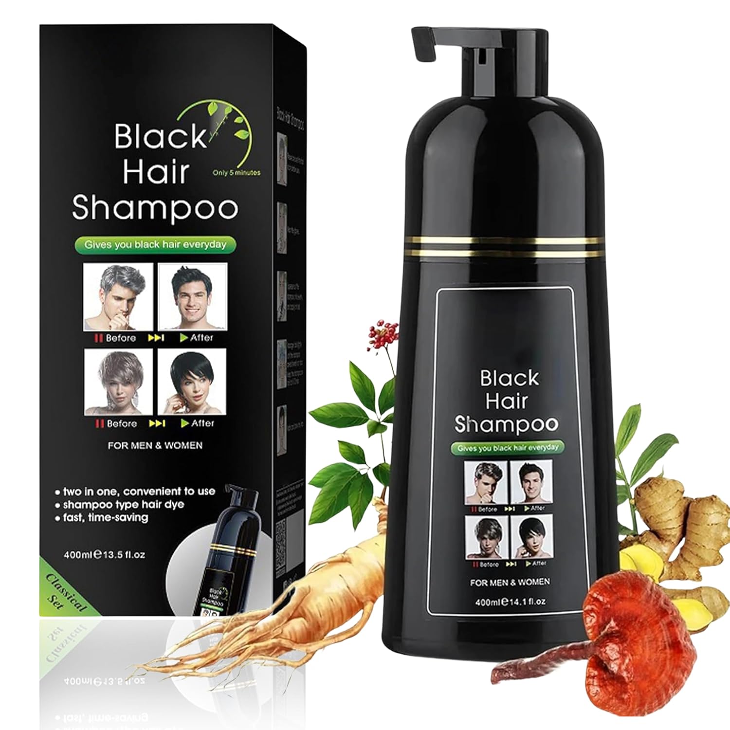 3-in-1 Hair Dye Shampoo Black, Hair Dye Shampoo Instant Grey Coverage, Plant Formula, Ammonia Free, Natural Hair Dye for Men and Women, 400 ml