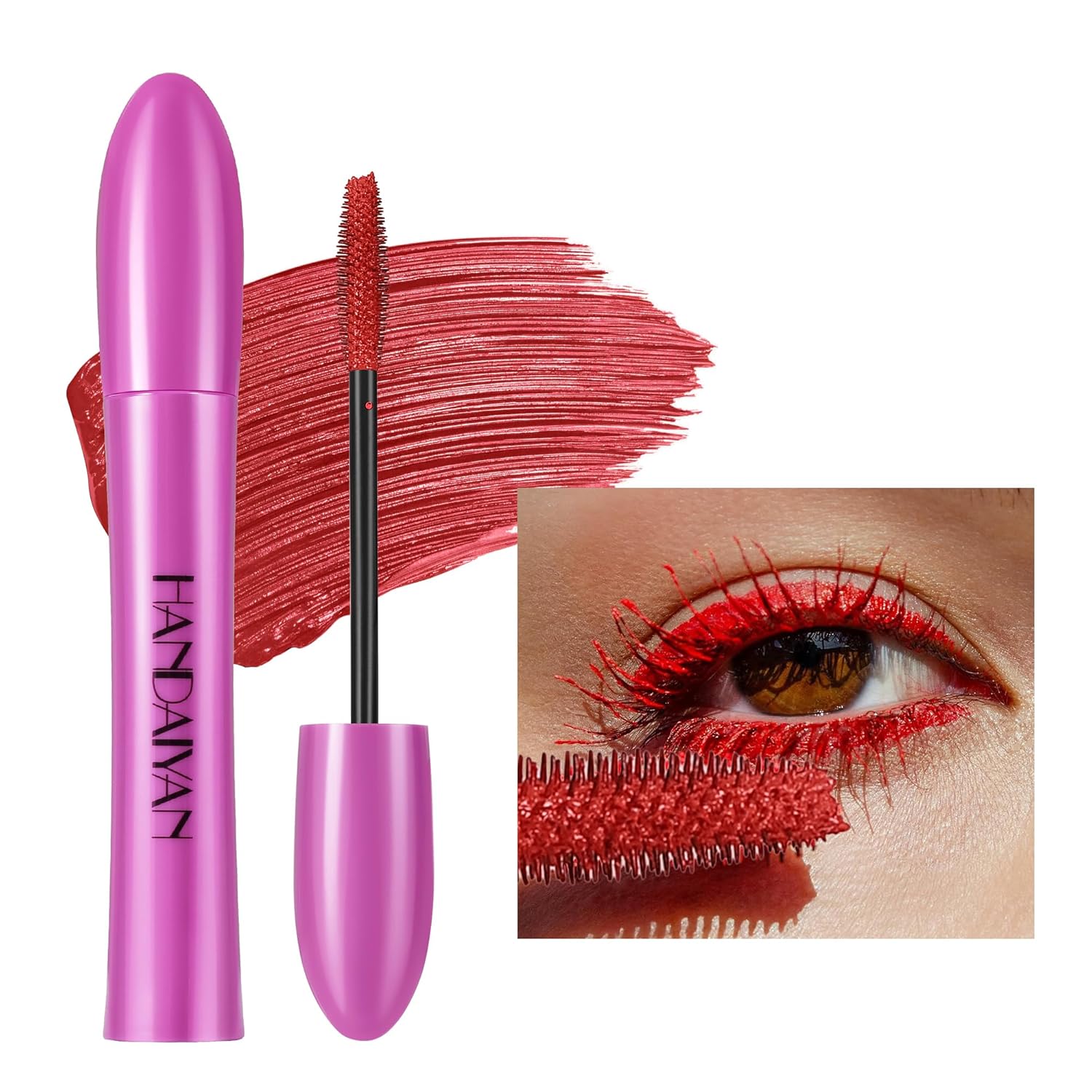 GL-Turelifes Colorful Mascara, Colorful Fiber Mascara, Charming, Thick Brush, Curling, Durable Mascara with Thick and Long Eyelashes, Waterproof and Smudge-proof (#3 Red, Piece)