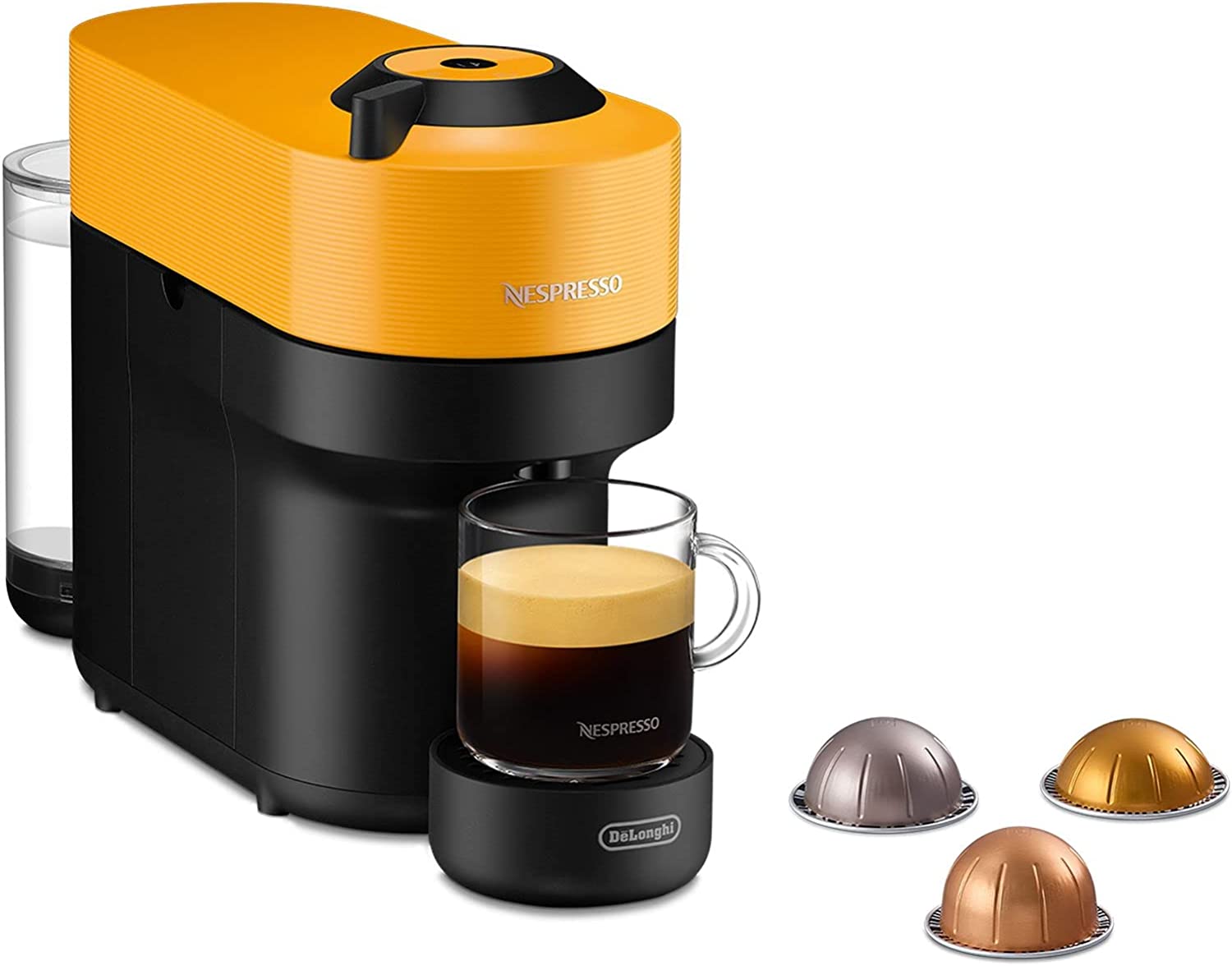 De\'Longhi Nespresso Vertuo Pop ENV90.Y Coffee Capsule Machine, Prepares 4 Cup Sizes, Centrifusion Technology, Welcome Package Included, 1260 Watt, Mango Yellow
