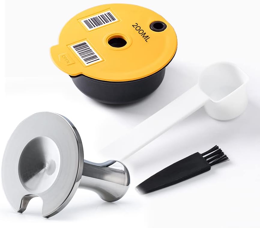 Reusable Tassimo Coffee Pad 200 ml with Tamper Refillable Coffee Capsule PP Plastic Coffee Filter Compatible with Bosch Tassimo Machine, Yellow