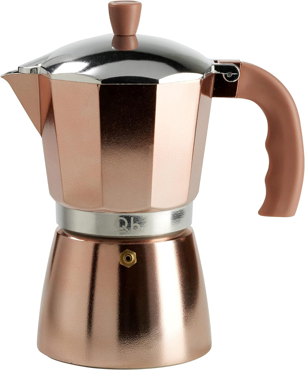 Fluo Q.B. By Mopita 6 Cup Espresso Maker Aluminum Silicone Coated Anti-Scald Handle for All Cooking Surfaces, NO Induction, Rose Gold