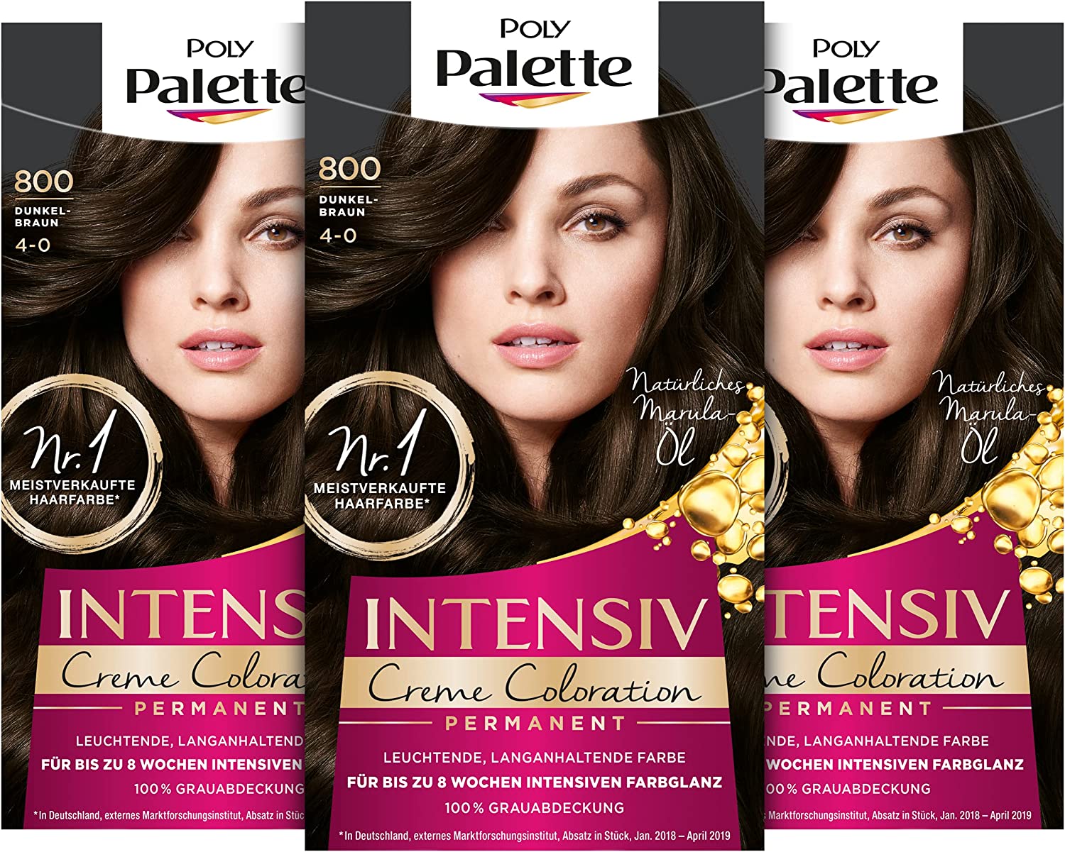 Poly Palette Schwarzkopf Intensive Cream Colouration High-Quality Hair Colour 800/4-0 Dark Brown Pack of 3 x 128 ml, ‎dark
