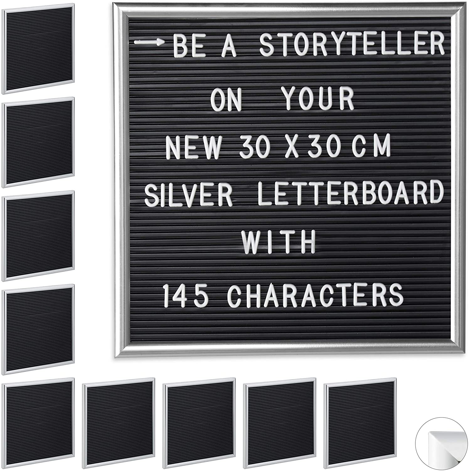 10 x Wooden Frame Letterboards, 145 Letters, Numbers & Special Characters, Slotted Groove Board 30 x 30 cm, Silver