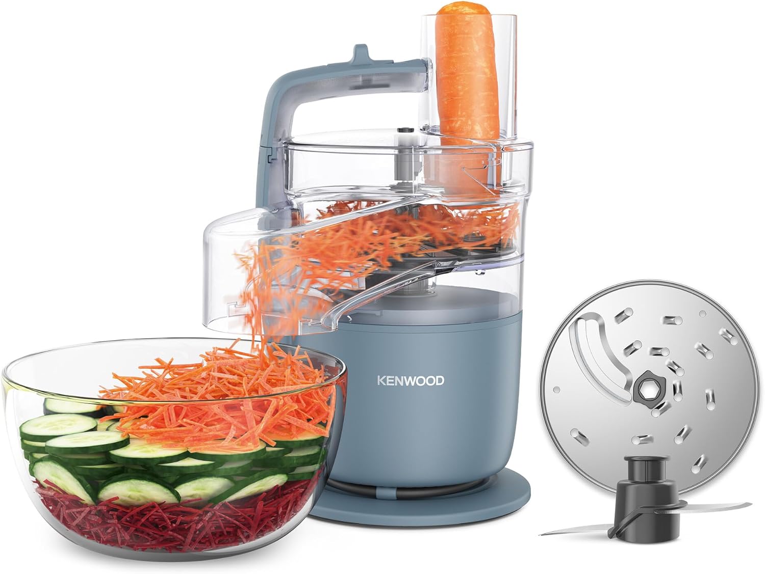 Kenwood MultiPro Go FDP22.130GY Compact Food Processor Only 30 cm High for Cutting, Grating, Pureeing and Kneading Dough, Express Serve, 1.3 L Work Container, 650 W, Blue