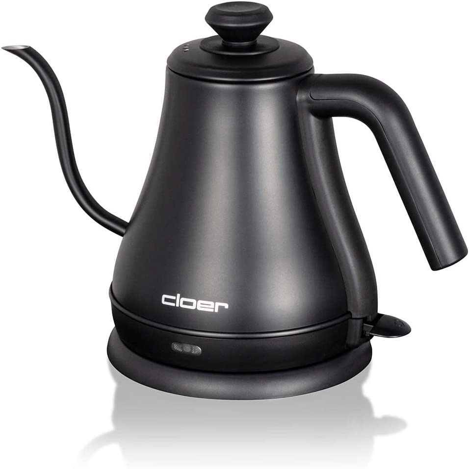 Cloer 4960 Gooseneck Kettle with Curved Spout, Removable Lid, 1000 W, Capacity Marking, Boil-Dry and Overheating Protection, 0.8 Litres, Stainless Steel, Black