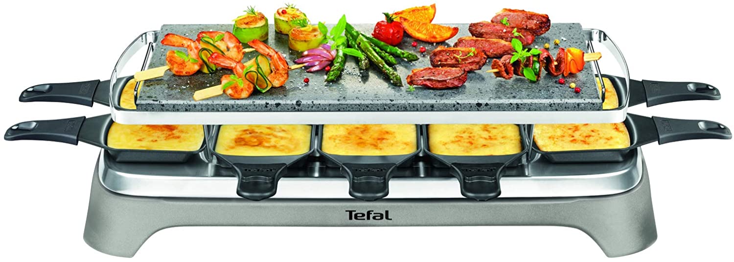 Tefal Pierrade PR457B Raclette Grill | 10 People | 10 Non-Stick Coated Dishwasher-Safe Frying Pan | Scraper Included | Stone Grill Plate for Great Barbecue Enjoyment | Removable Cable