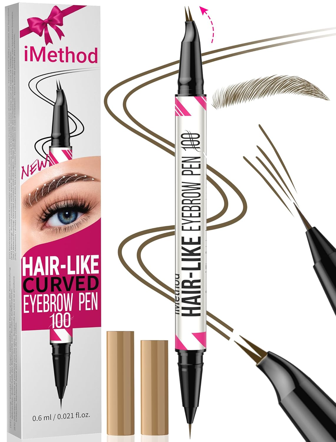 iMethod Curved Microblading Eyebrow Pencil - Eyebrow Pencil 2-in-1 Dual-Ended Eyebrow Pencil, Eyebrow Pen with Curved Tip & Precise Brush Tip Creates Natural Eyebrows, Brown