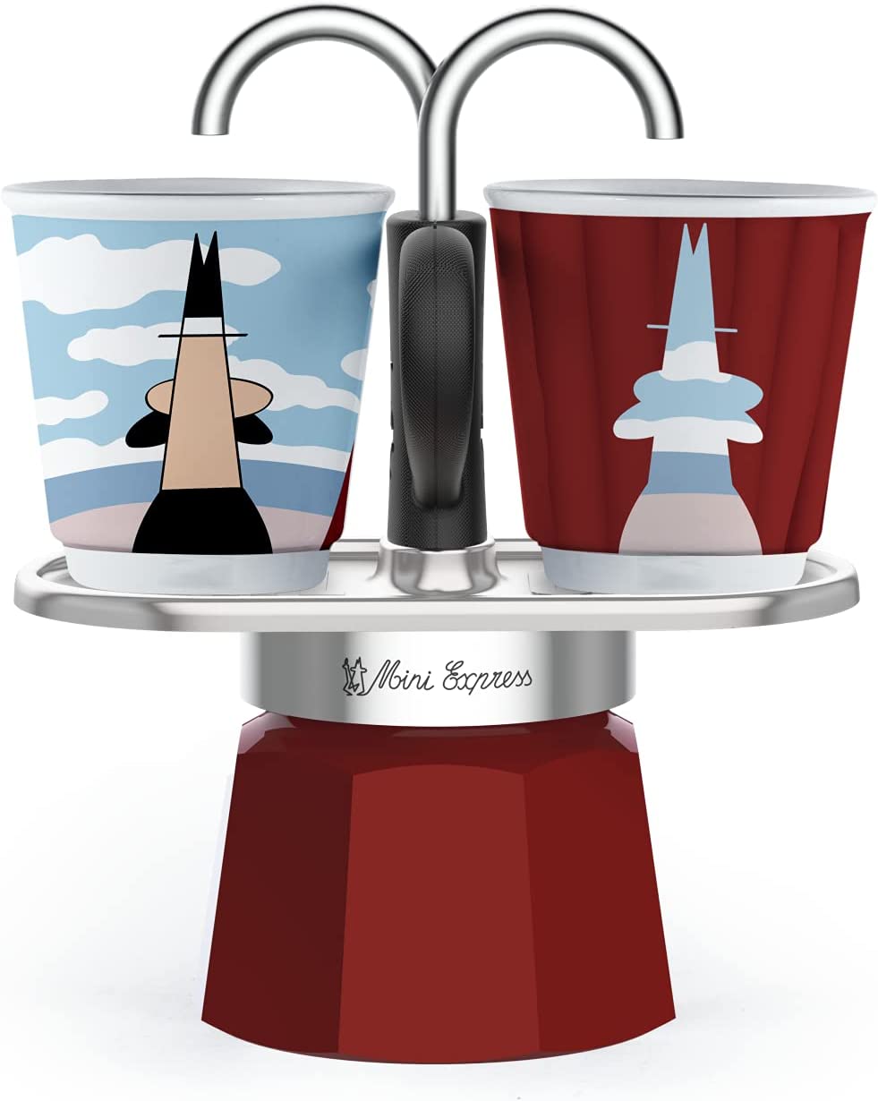 Bialetti - Mini Express Magritte: Mocha set includes coffee machine, 2 cups (2.7 oz), red, aluminium