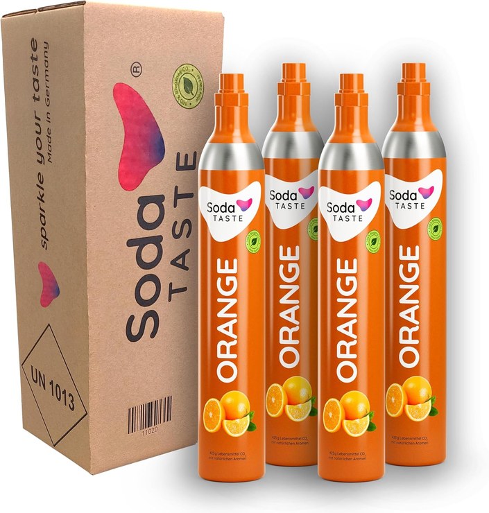 SodaTASTE CO2 Replacement Cylinder Pack of 4 (Refill) for Water Carbonators, with Natural Orange Flavor, No Syrup, for up to 240 L Sparkling Water with Flavor, Sugar-Free (Note: 4 Empty Cylinders