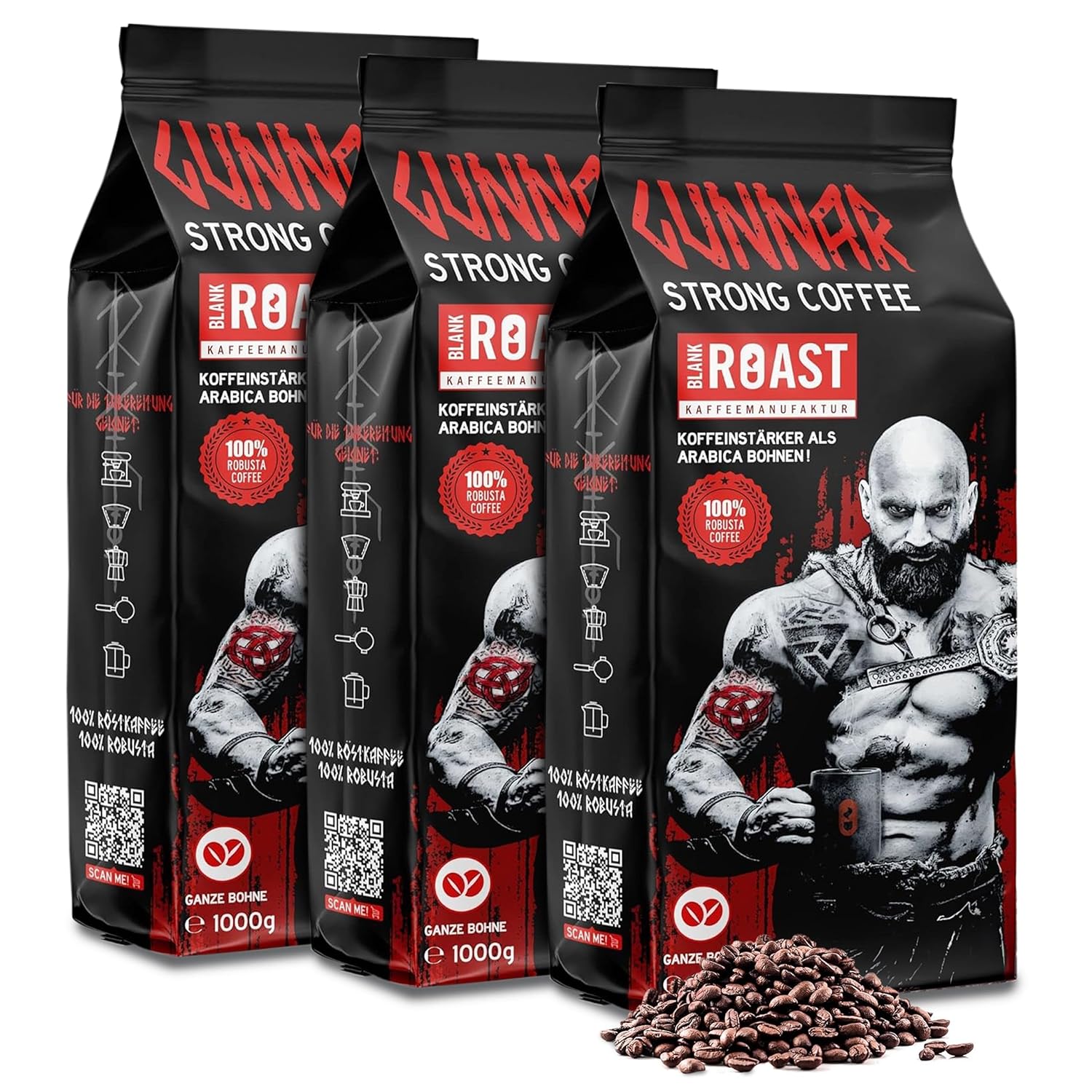 Blank Roast - GUNNAR - 1 kg (3 Pack) - Whole Coffee Beans Extra Strong - Gentle Robusta Roasting - 494 mg Caffeine per Cup - Spicy & Powerful with Notes of Dark Chocolate - Low Acid