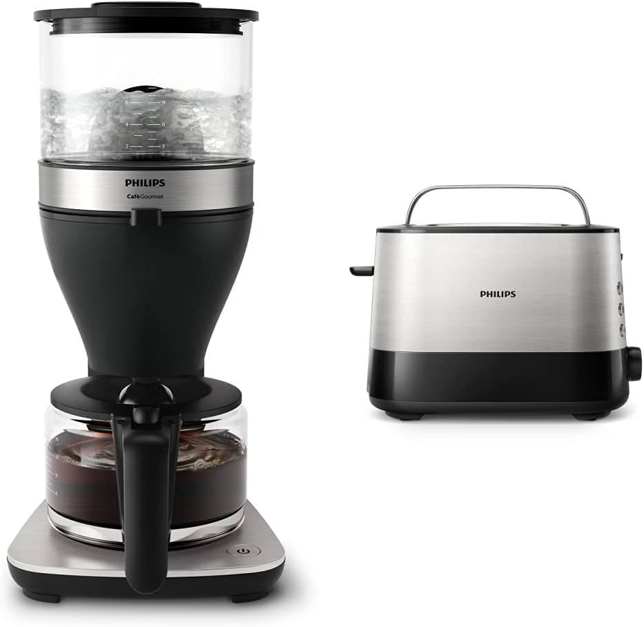Philips Domestic Appliances Philips Filter Coffee Maker - 1.25L Capacity, up to 15 Cups, Boil & Brew, Black/Silver (HD5416/60) & HD2637/90 Toaster, 7 Levels, Bun Attachment, Stop Button, 1000 W, black/stainless steel
