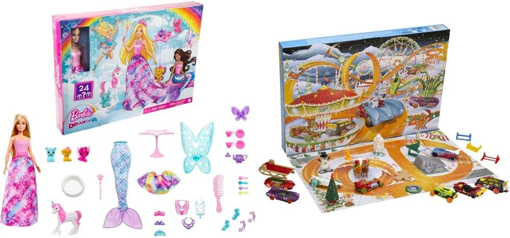 Barbie HGM66 - Dreamtopia Fairytale Advent Calendar, from 3 Years & Hot Wheels HCW15 - Advent Calendar 2022 for 24 Days, Includes 8 Christmas Toy Cars, Various Accessories and Racetrack, from 3 Years