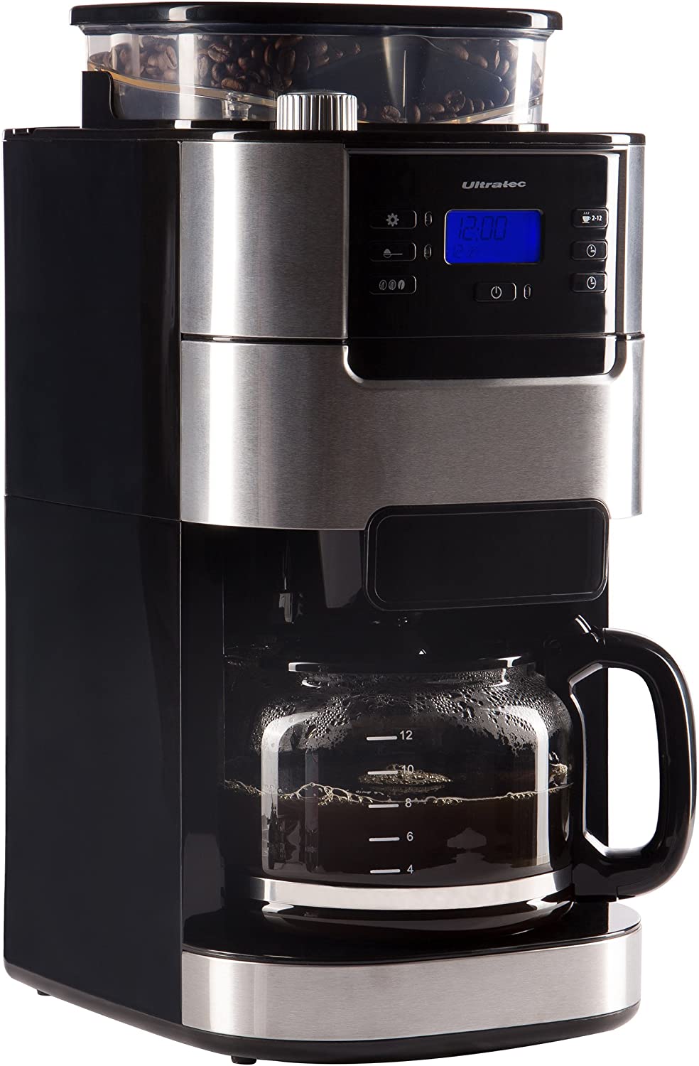 Ultratec Fully Automatic Coffee Machine with Grinder and Timer Function, Fully Automatic Coffee Machine, Coffee Machine, Includes Glass Jug and Permanent Filter, Stainless Steel/Black