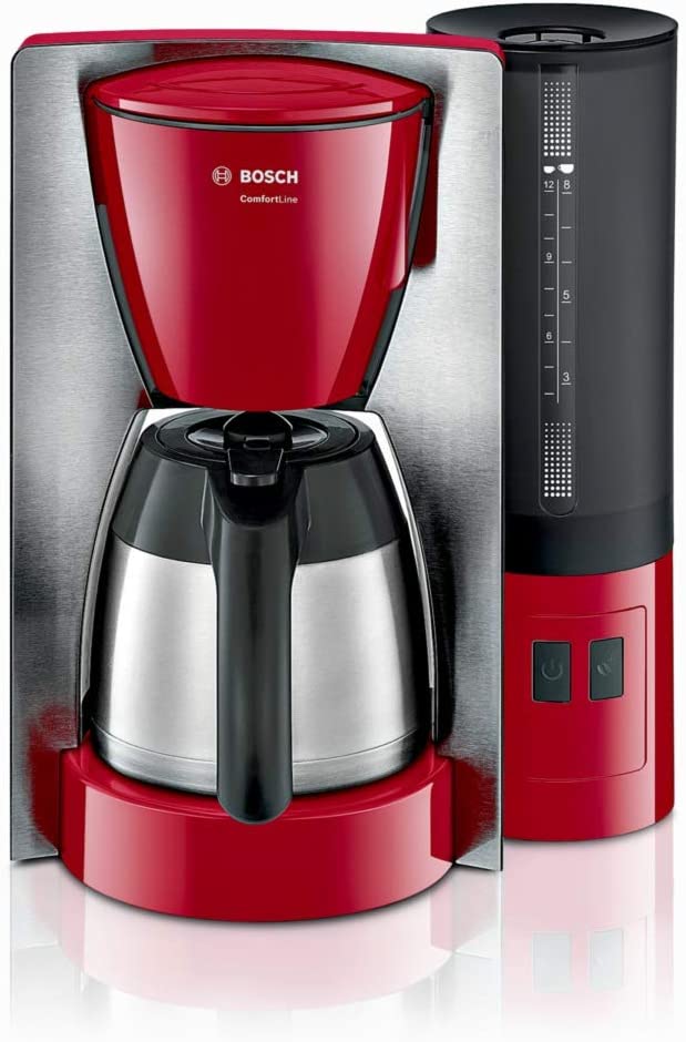 Bosch ComfortLine TKA6A684 Filter Coffee Machine, Aroma+, Thermal Jug, Removable Water Tank (1 L), 1200 W, Stainless Steel/Red