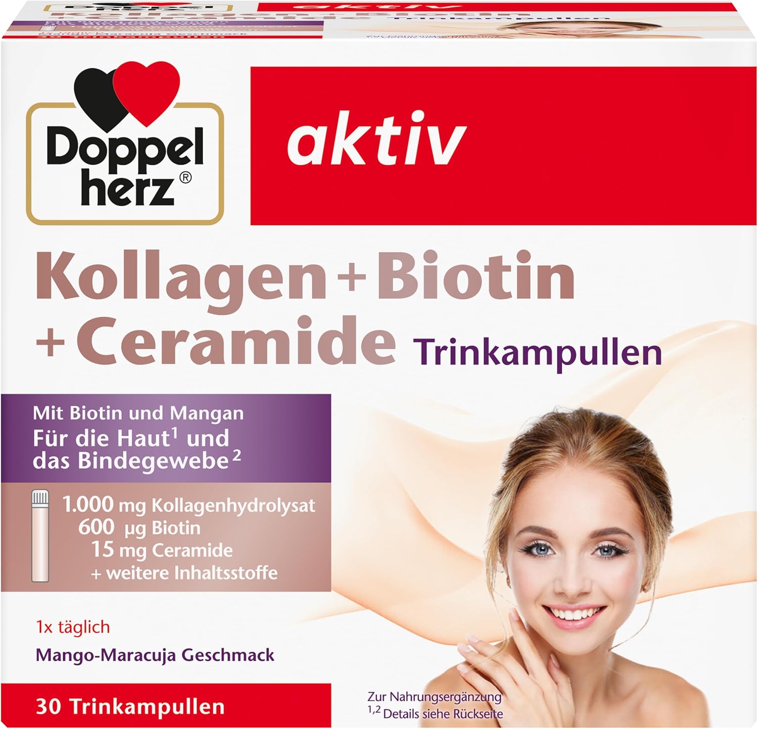 Doppelherz Collagen + Biotin + Ceramides - Biotin, Vitamin B2, Niacin and Zinc Support the Maintenance of Normal Skin - 30 Drinking Ampoules with Mango Passion Fruit Flavor